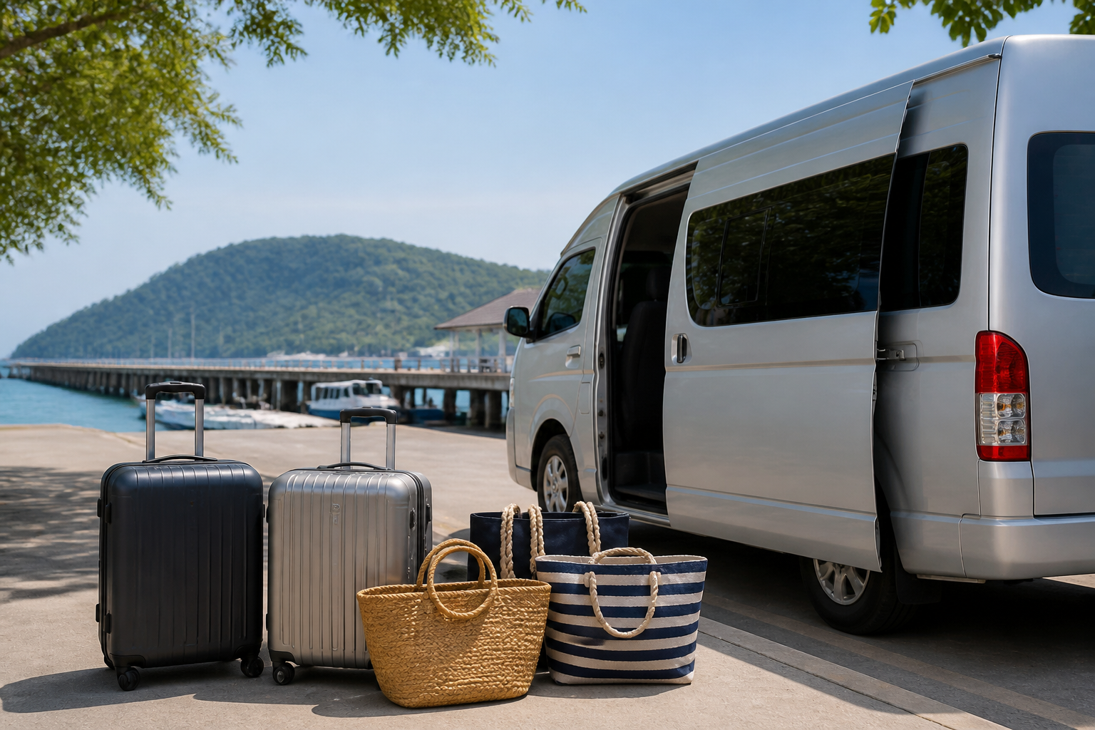 Luggage and beach bags beside a private van near a Rayong pier area