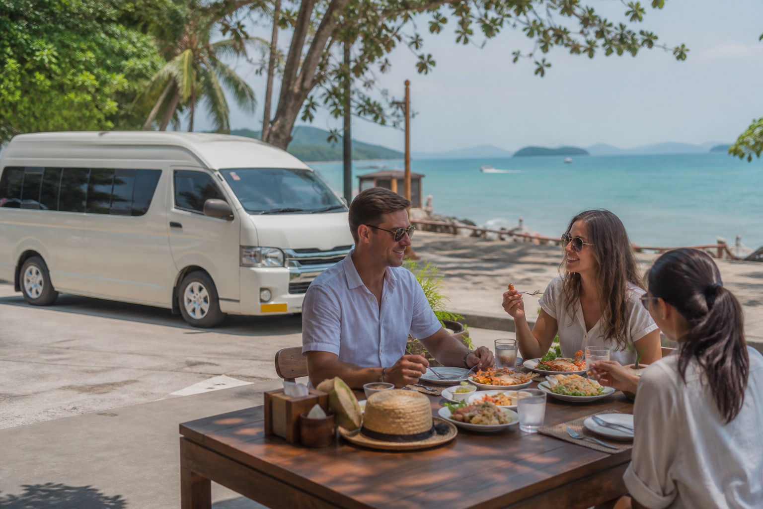Coastal lunch stop in Rayong during a private van route to Koh Samet