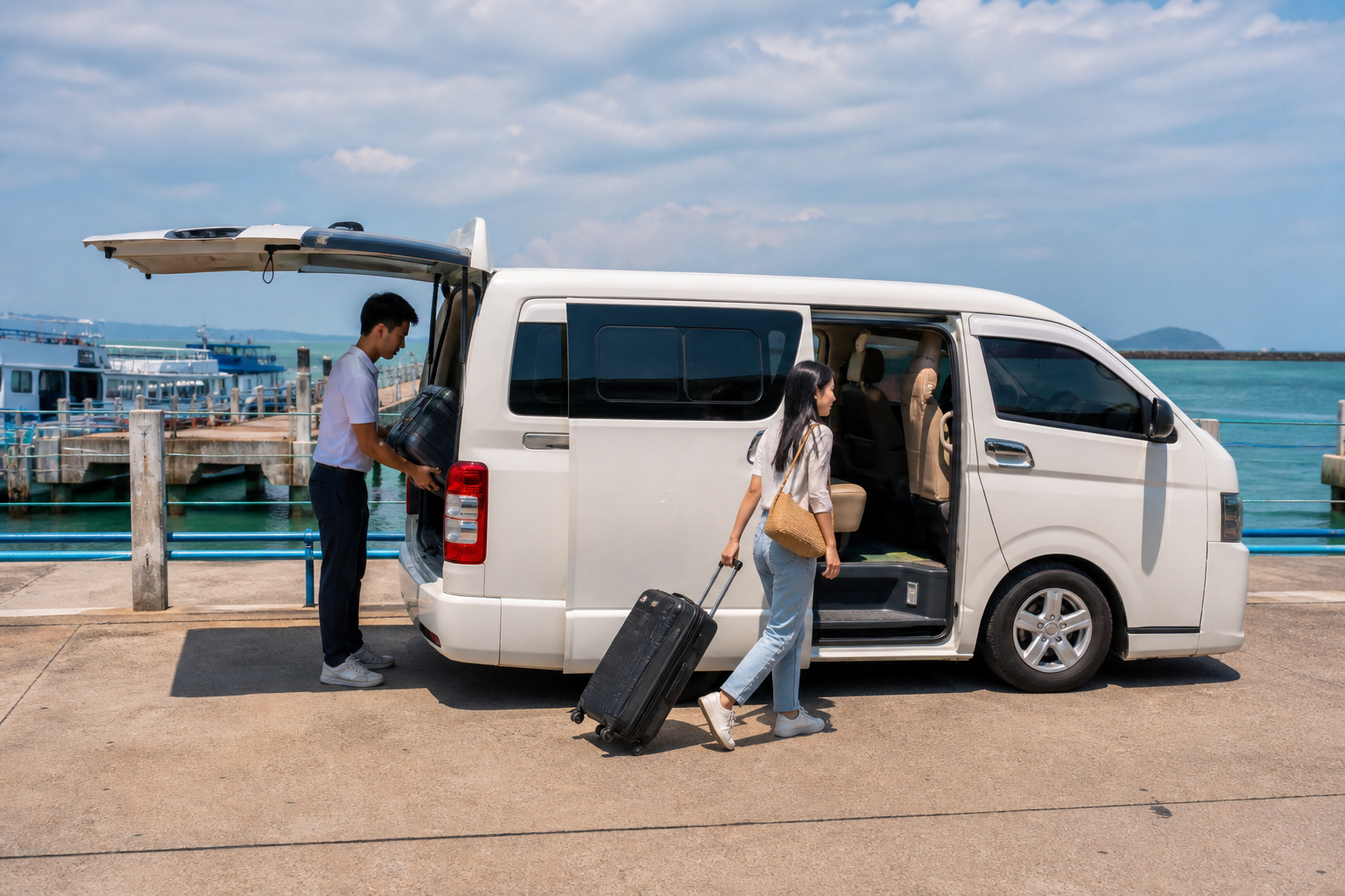 Private van drop-off near a Ban Phe pier area for a Koh Samet transfer