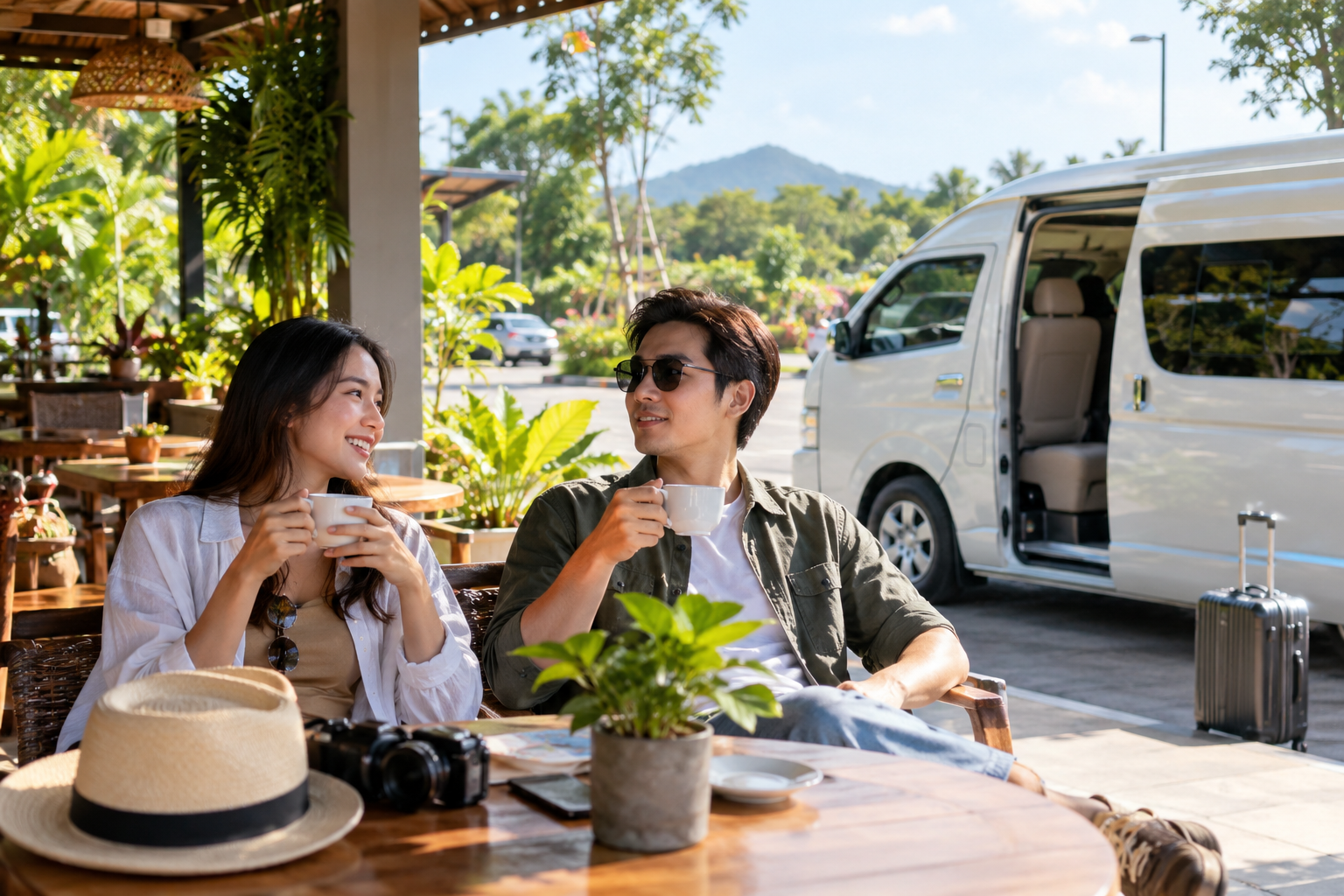 Coffee and rest-stop pause during a Bangkok to Sa Kaeo private van route