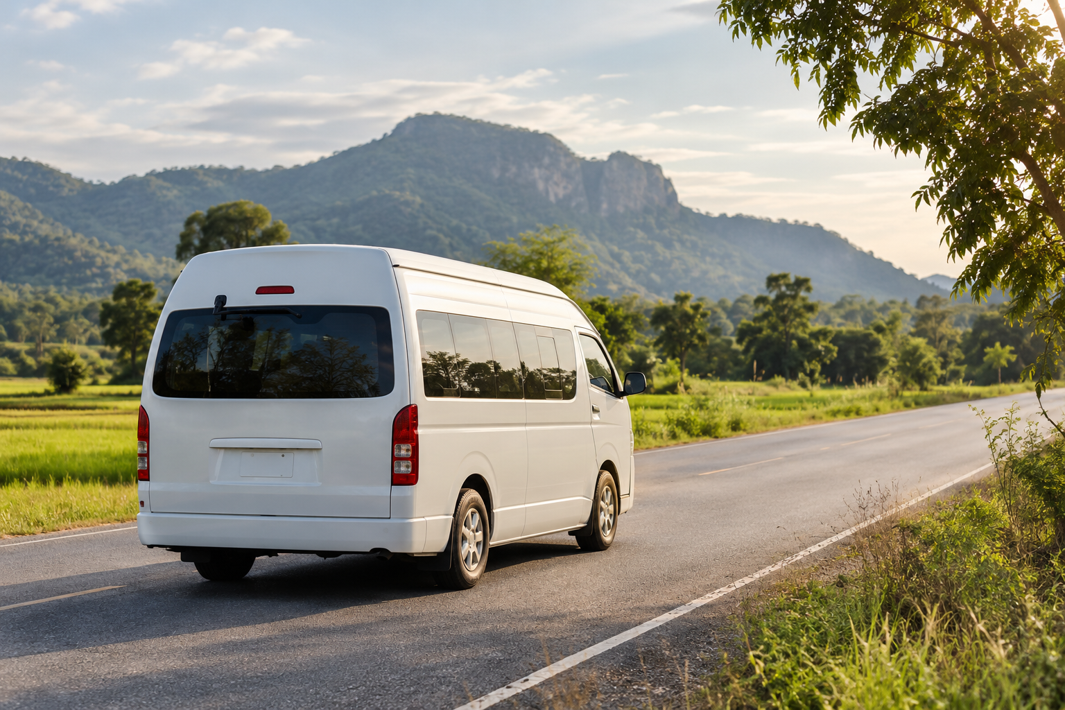Eastern Thailand road scene near Sa Kaeo with a private van