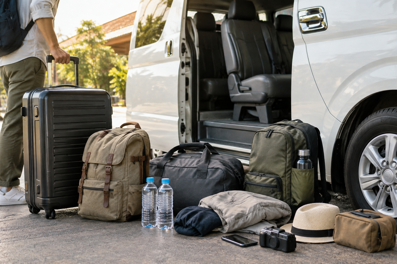 Luggage and day bags beside a private van before an Aranyaprathet route