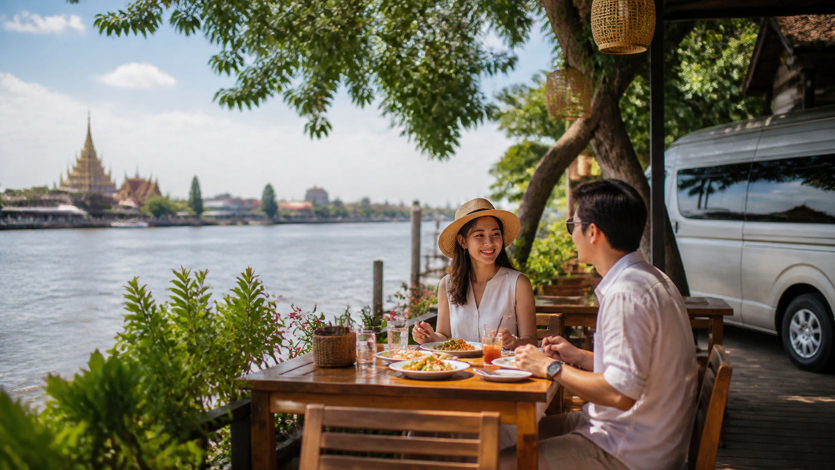 Riverside lunch pause in Samut Prakan during a private van route
