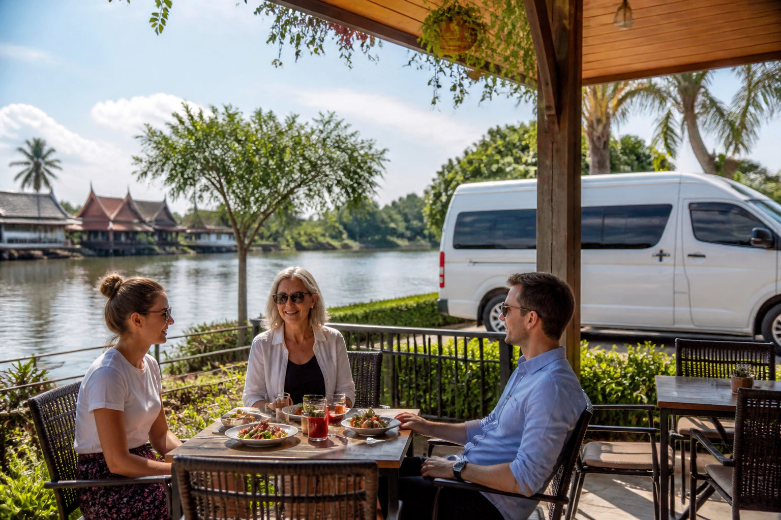 Riverside lunch pause in Samut Prakan during a private van route