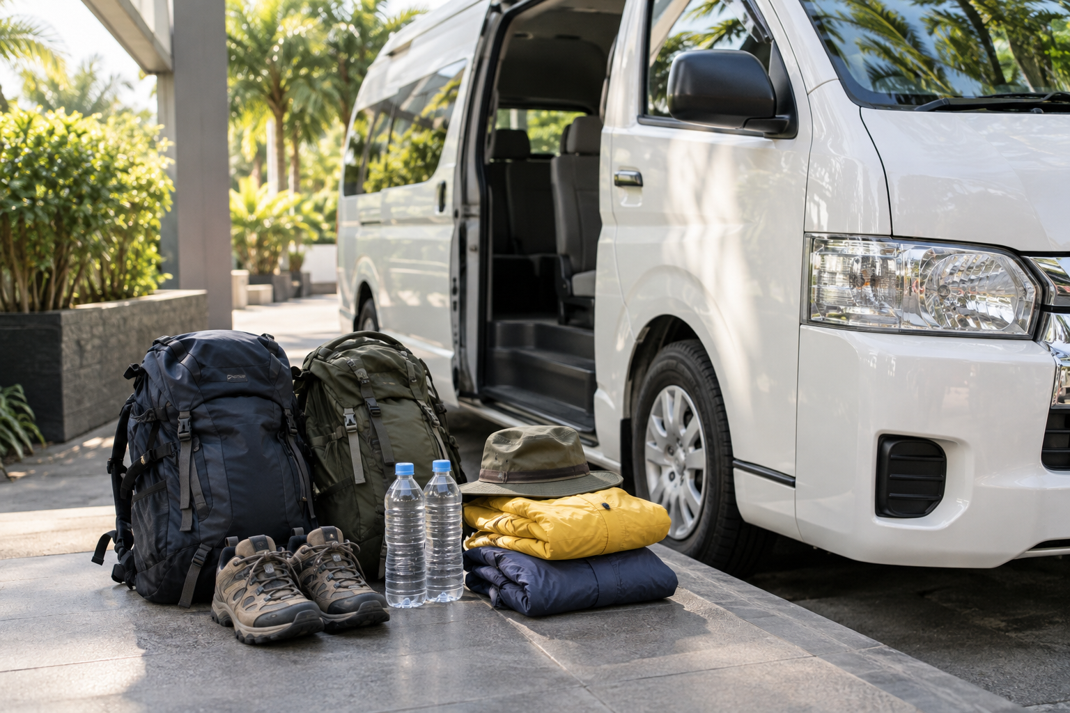 Day-trip bags beside a private van before a Saraburi nature day