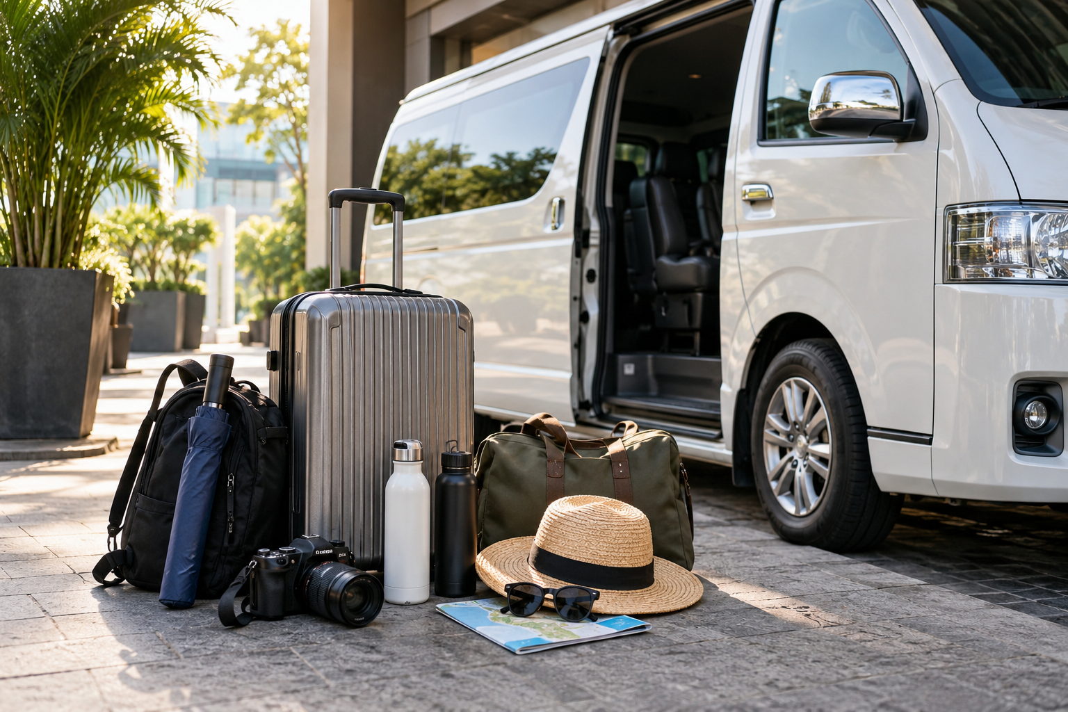 Luggage and travel gear beside a private van for a Si Racha pier route