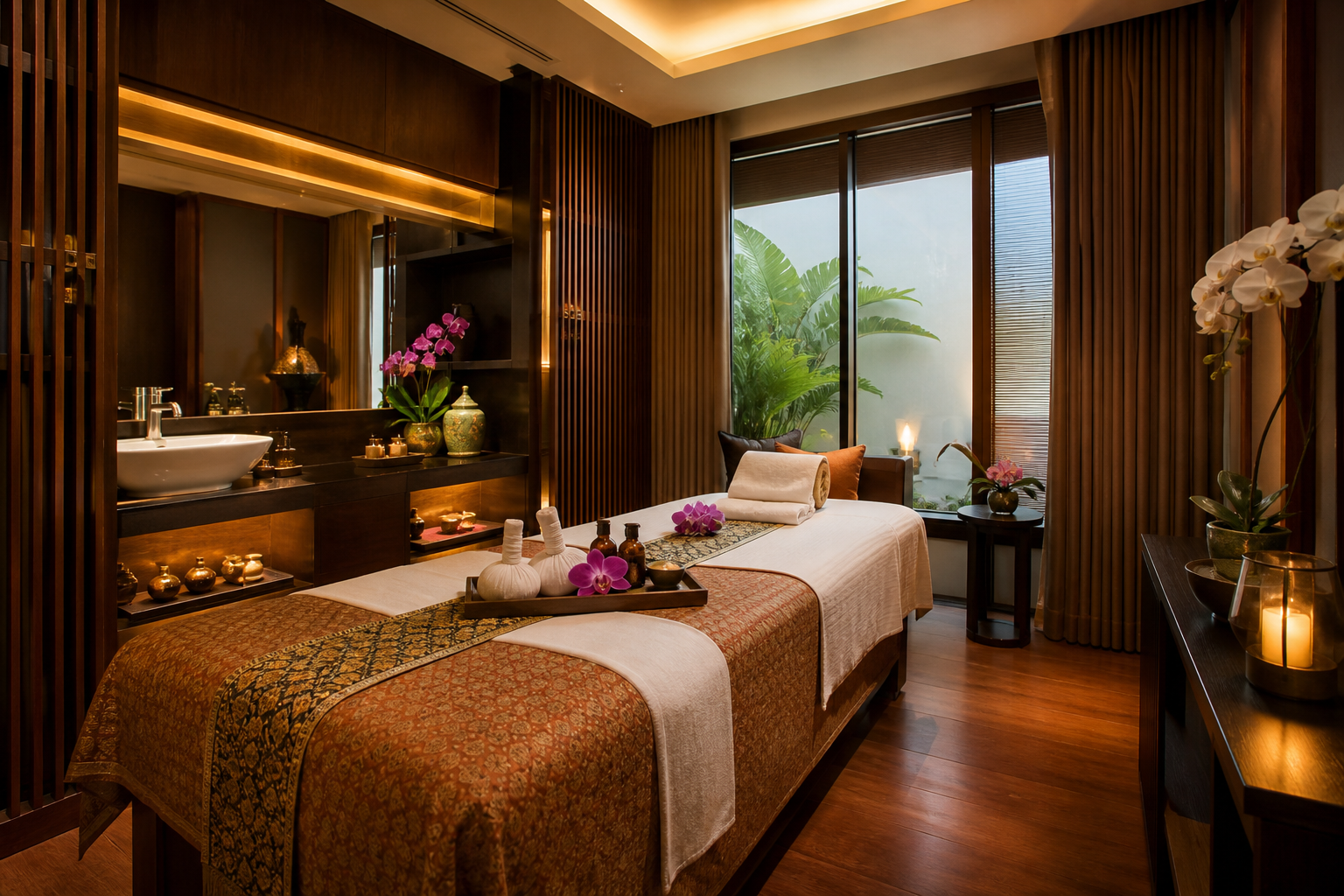 Warm Thai massage room inspired by Loft Thai Spa in Bangkok