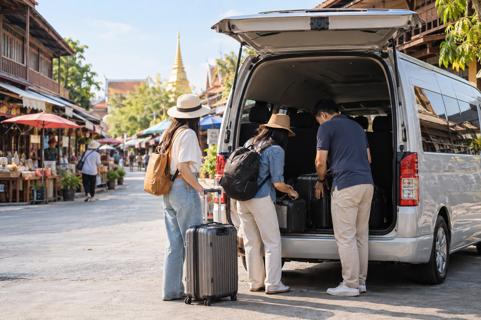 Travelers organizing bags near a Suphan Buri old market during a private van route