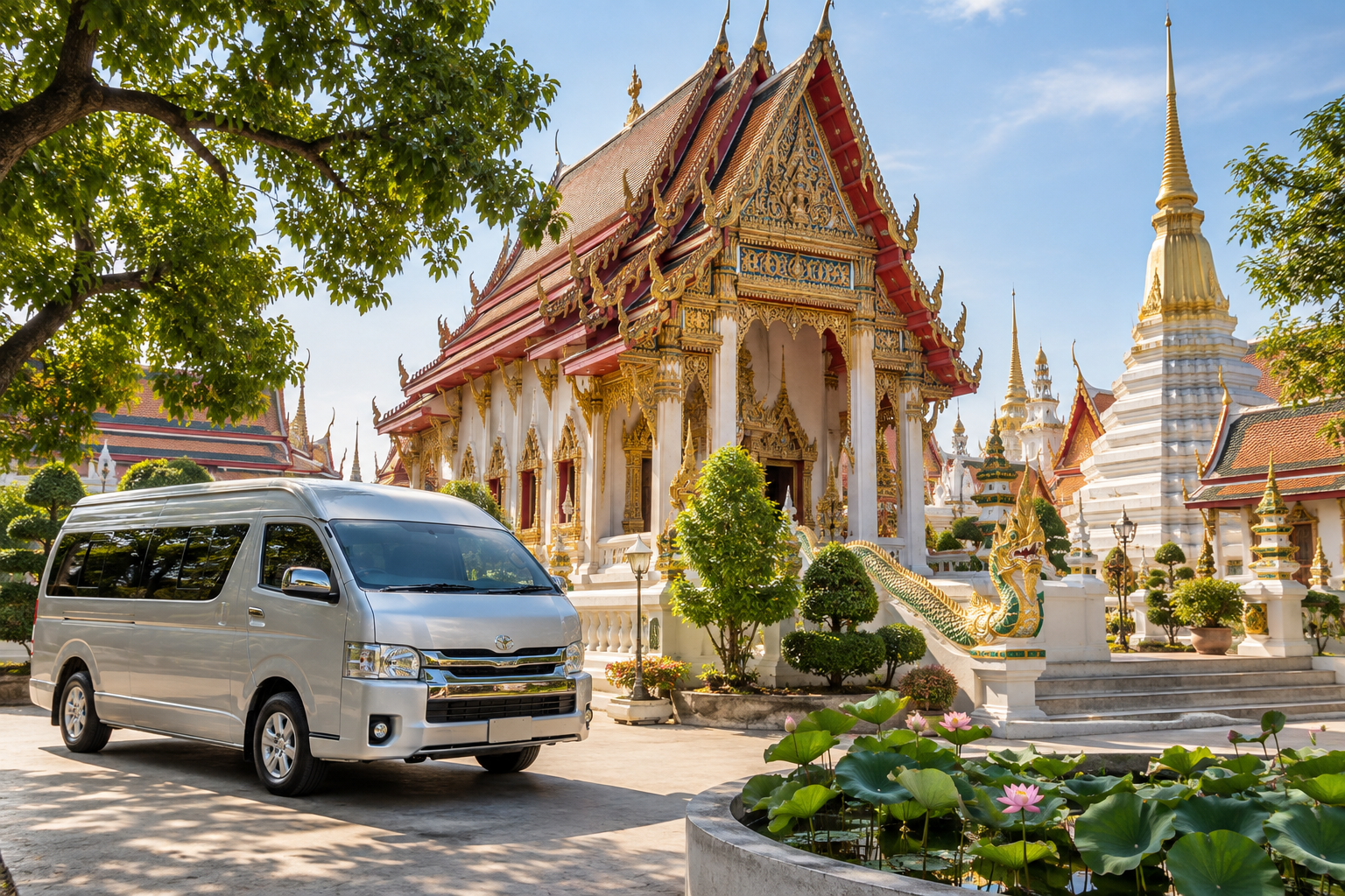 Suphan Buri heritage stop with temple architecture during a private van day