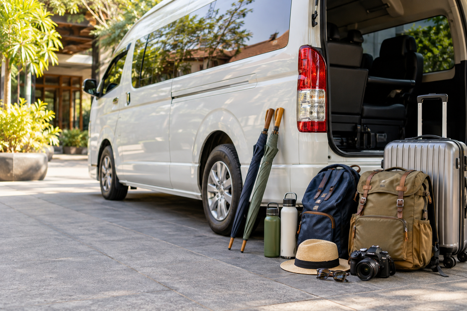 Day-trip bags and travel items prepared beside a private van from Bangkok