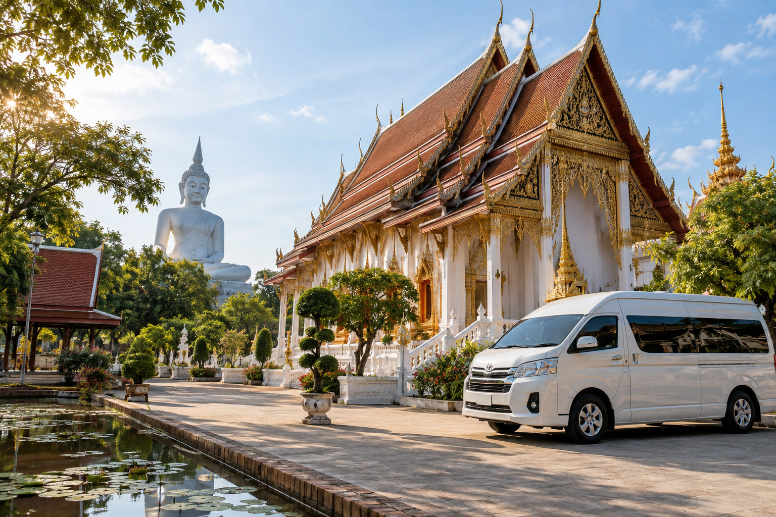 Suphan Buri heritage stop with temple architecture during a private van day