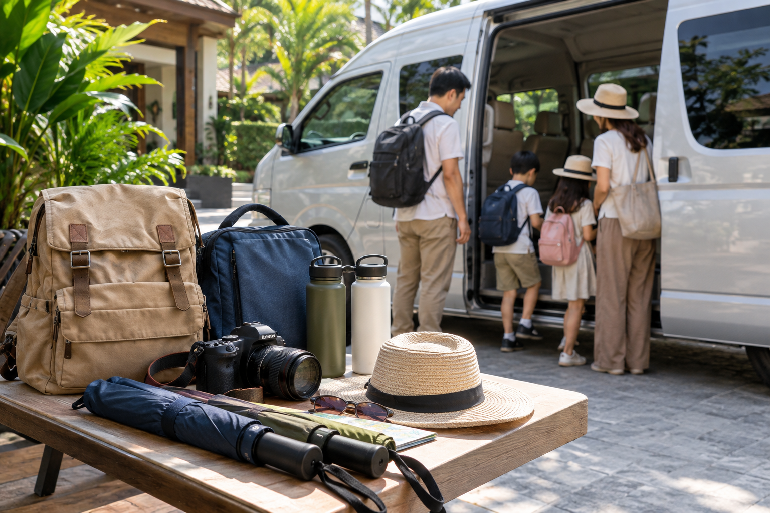 Day-trip bags and travel items prepared beside a private van from Bangkok