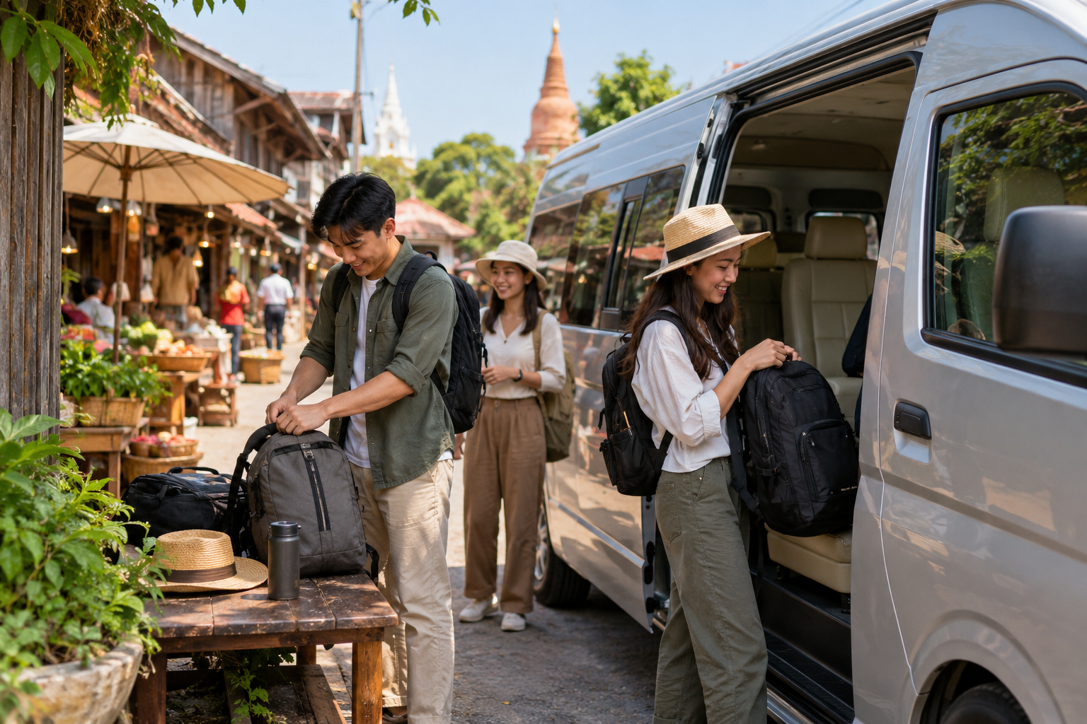 Travelers organizing bags near a Suphan Buri old market during a private van route
