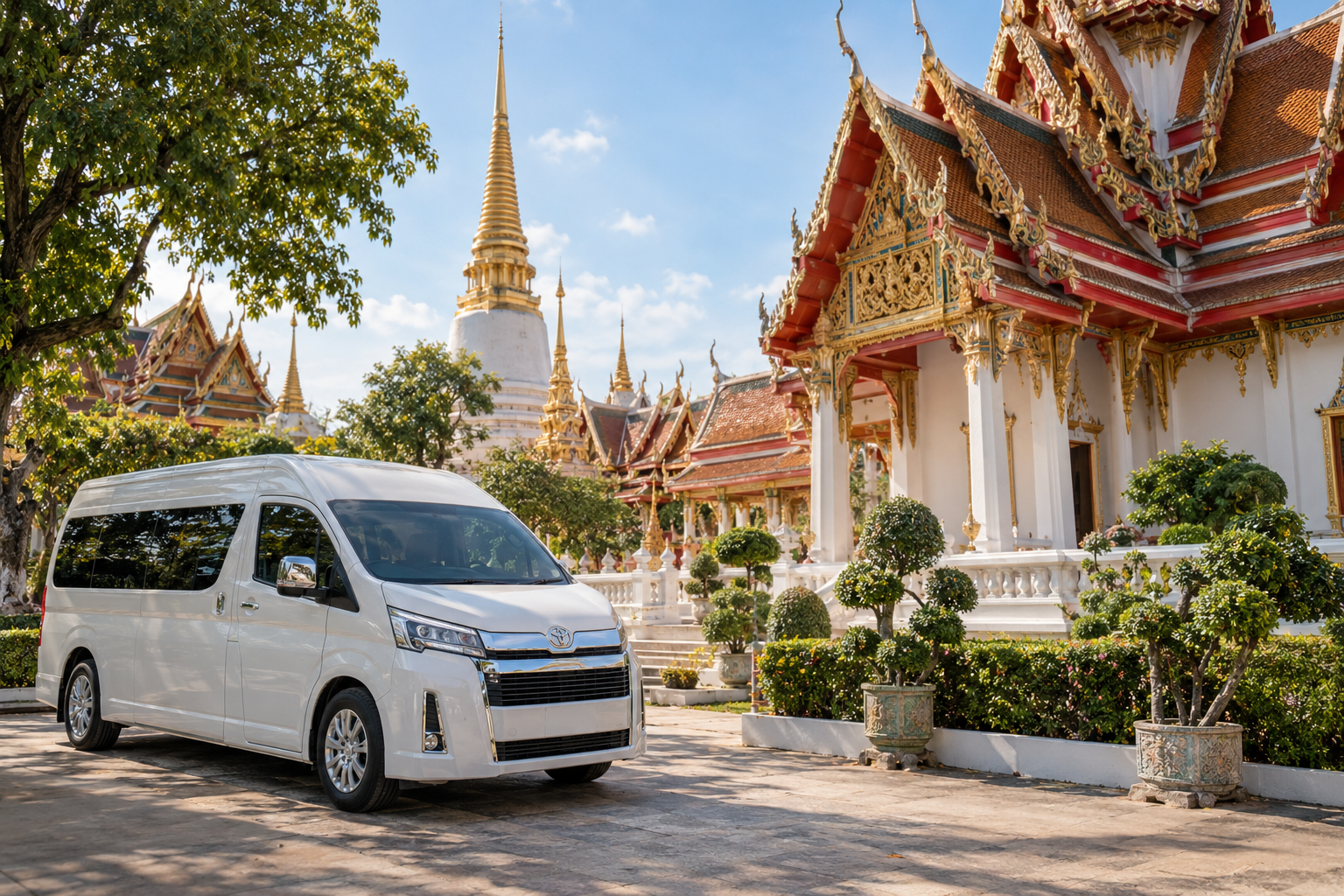 Suphan Buri heritage stop with temple architecture during a private van day