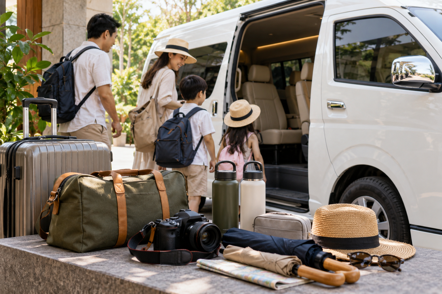 Day-trip bags and travel items prepared beside a private van from Bangkok