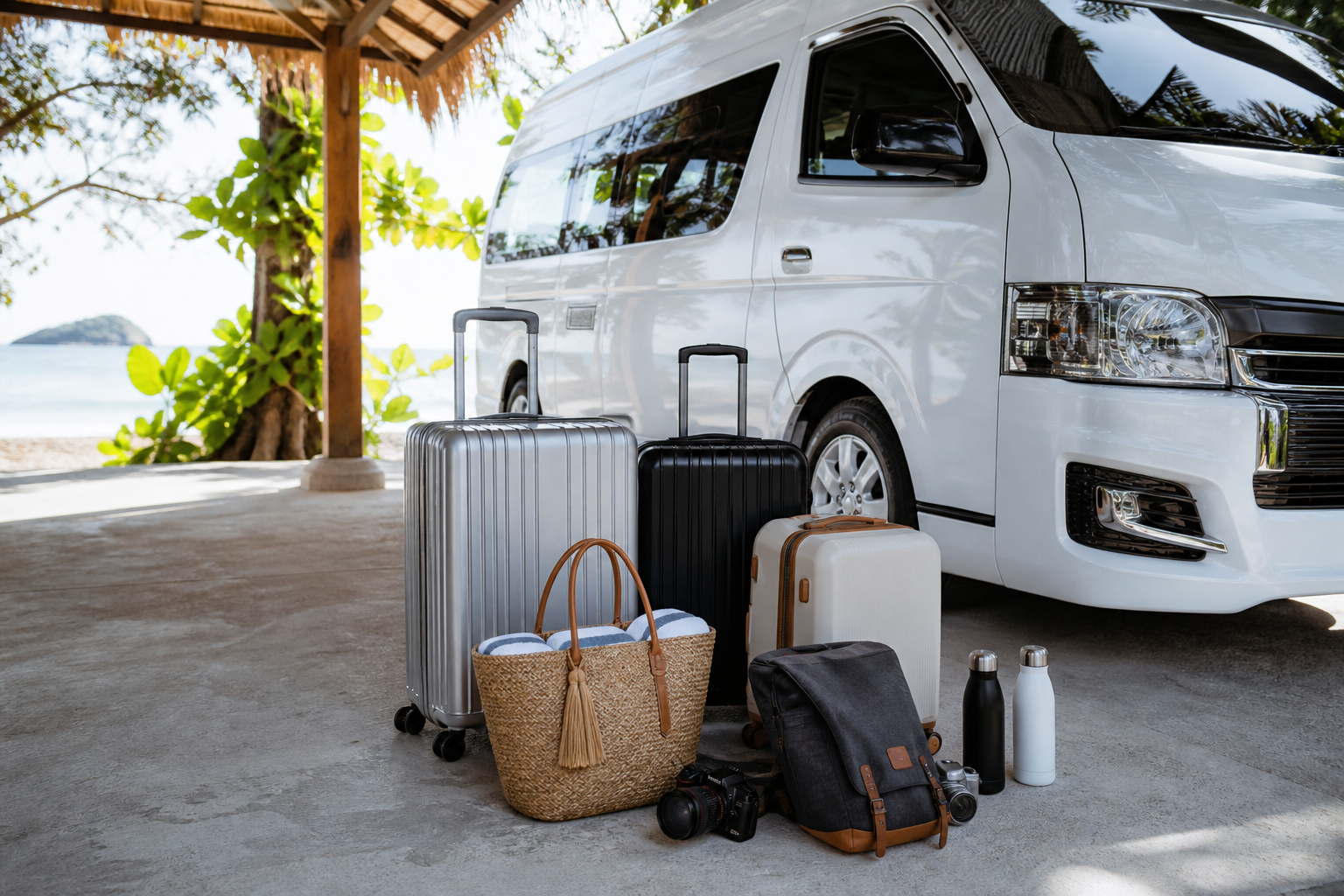 Island transfer luggage beside a private van before the Koh Chang crossing