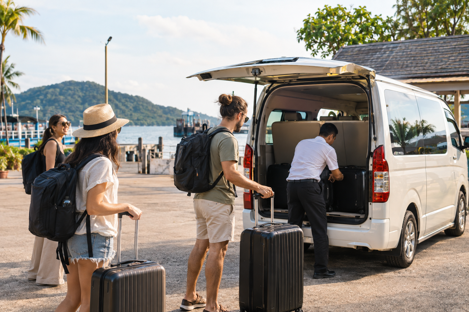 Travelers organizing luggage near a mainland pier for Koh Chang
