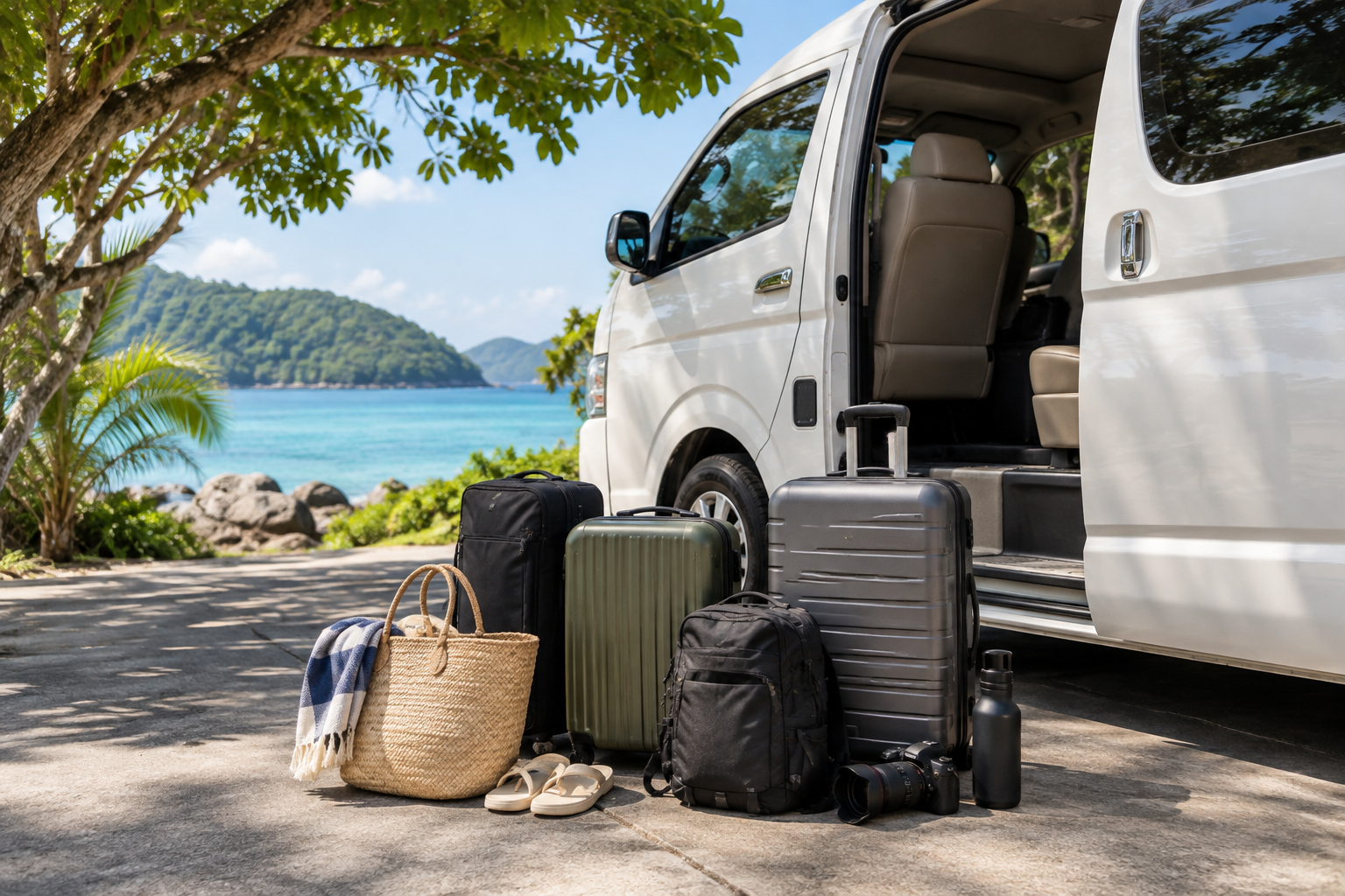 Island transfer luggage beside a private van before the Koh Chang crossing