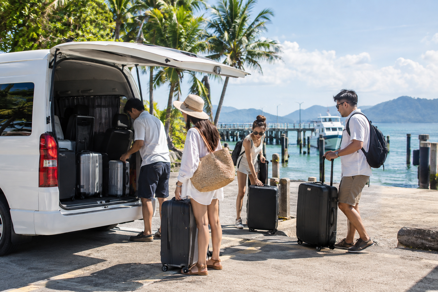 Travelers organizing luggage near a mainland pier for Koh Chang