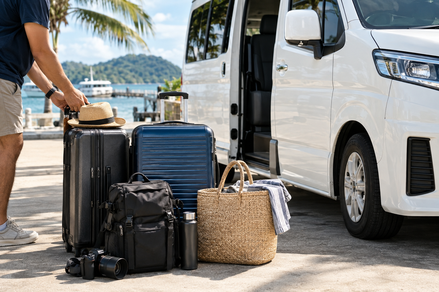 Island transfer luggage beside a private van before the Koh Chang crossing