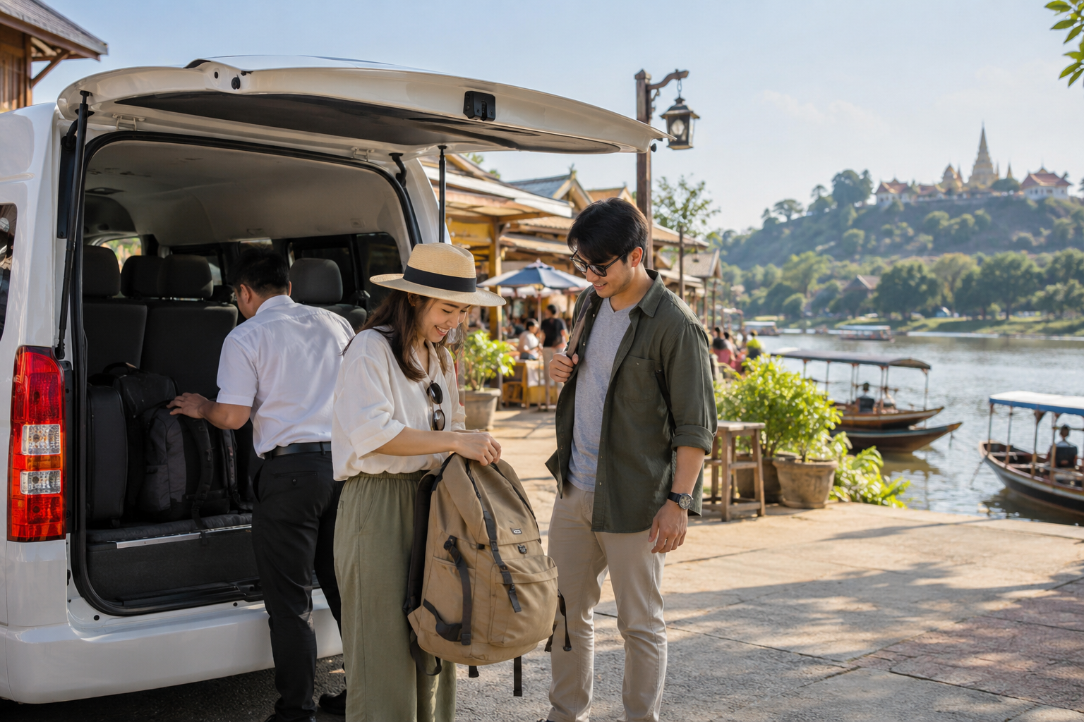 Travelers organizing day bags near a riverside market on a private van route