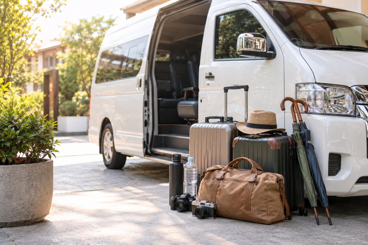Luggage and travel items prepared beside a private van for an overnight route