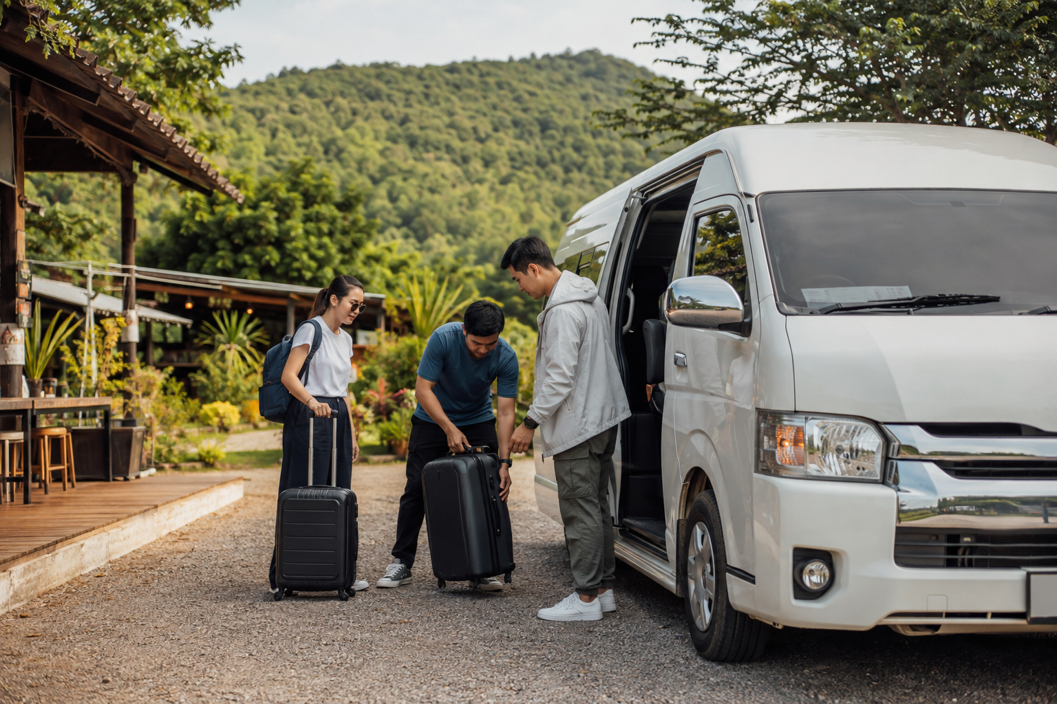 Travelers organizing luggage at a northern Thailand rest stop by private van