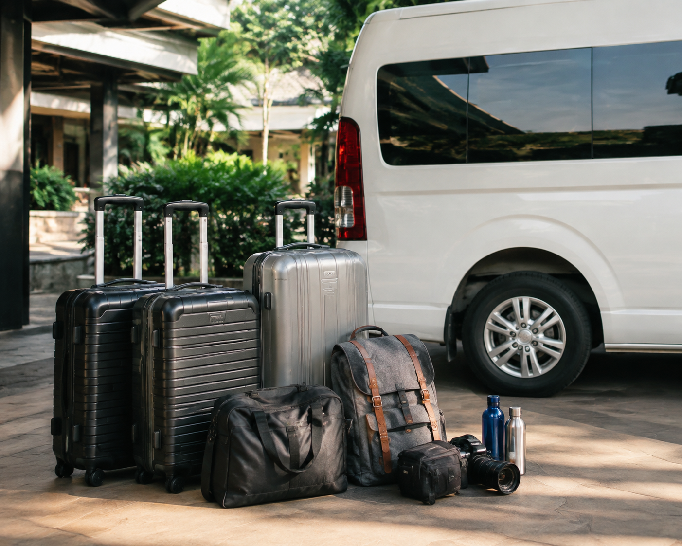 Luggage prepared beside a private van for a Chiang Mai to Chiang Rai route