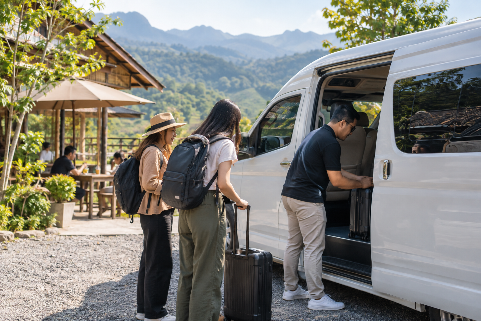 Travelers organizing luggage at a northern Thailand rest stop by private van