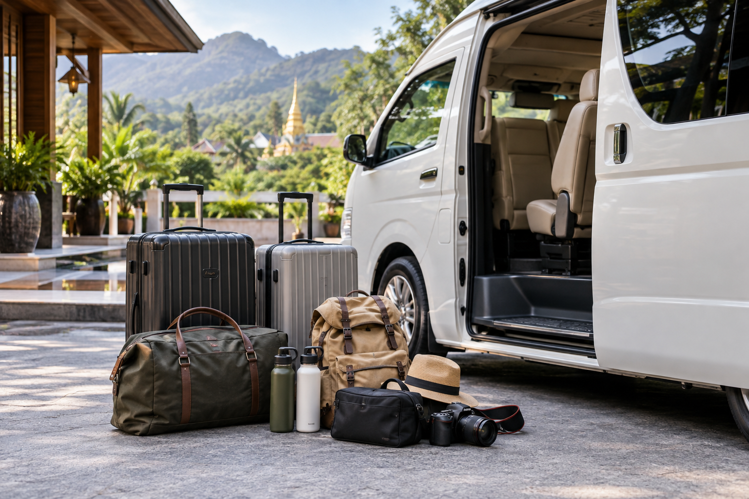 Luggage prepared beside a private van for a Chiang Mai to Chiang Rai route