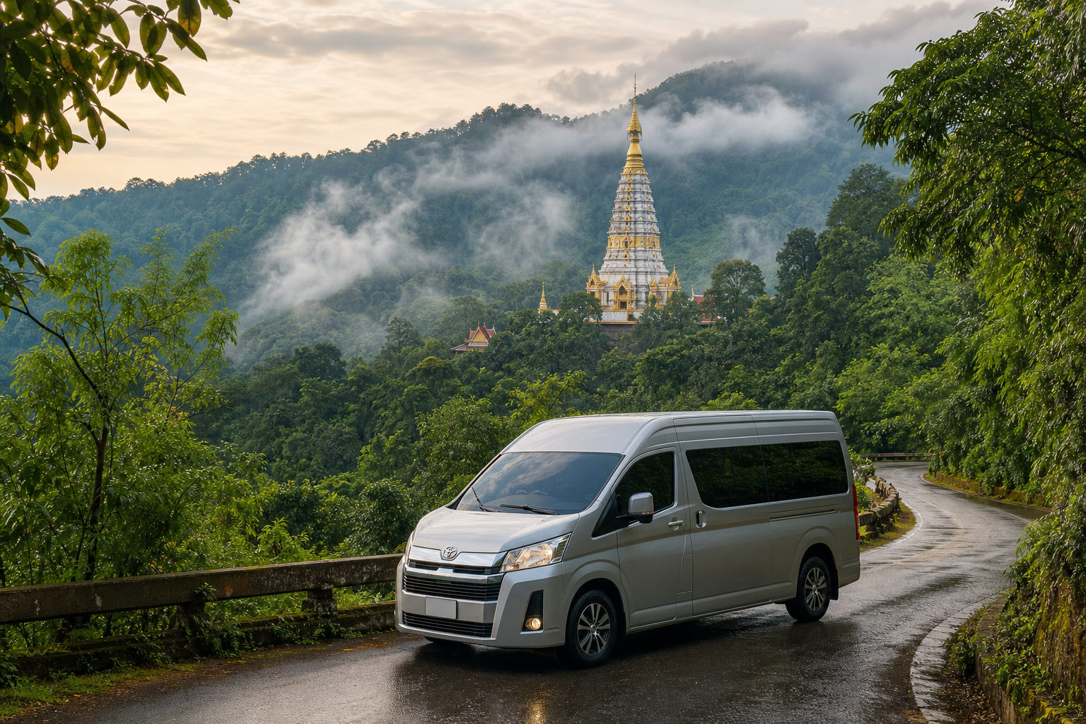 Chiang Mai rainy-season temple and mountain route by private van.