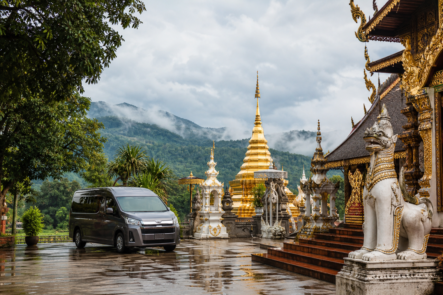 Chiang Mai temple courtyard after rain with mountain mist