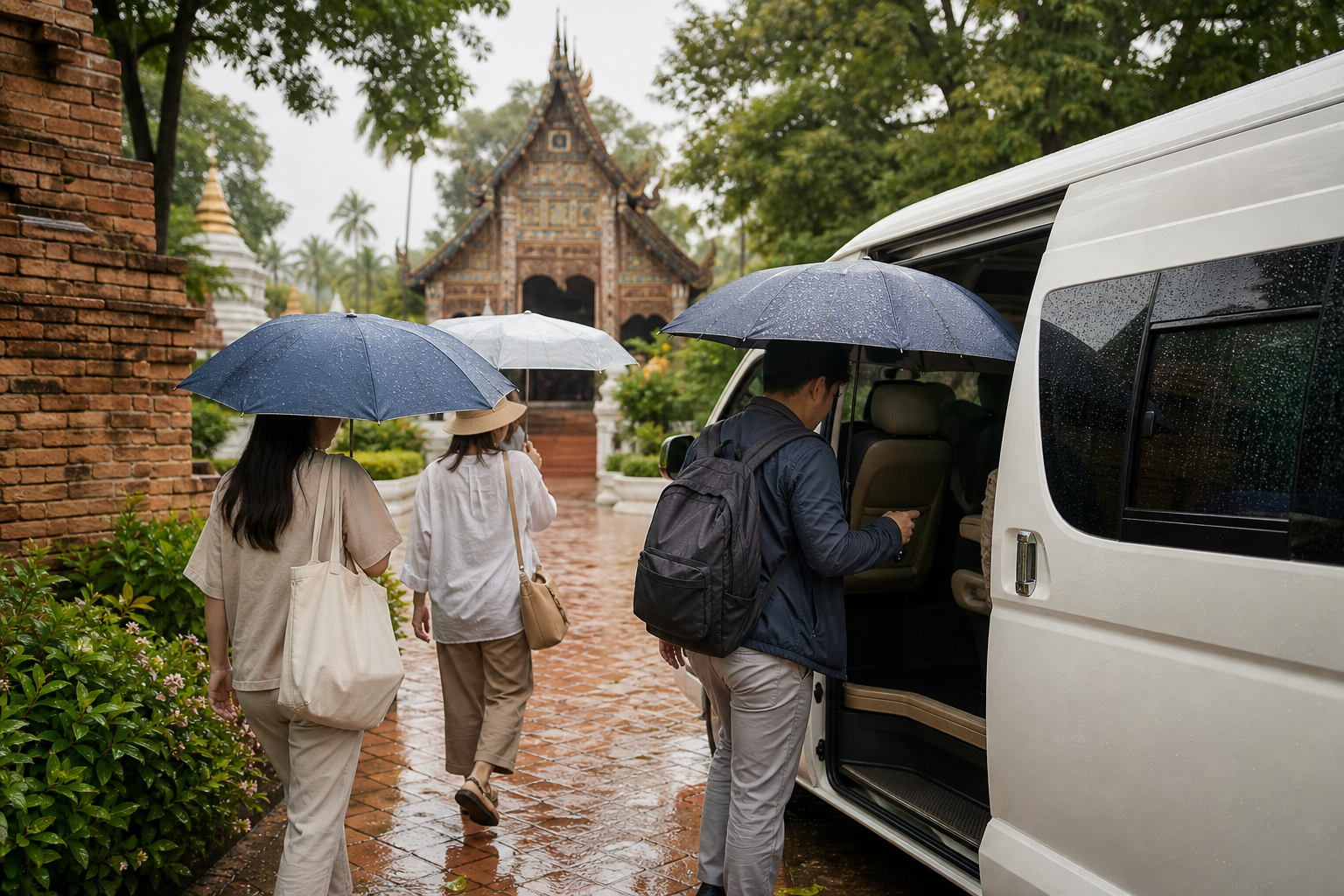 Travelers returning to a private van near Chiang Mai old city temples