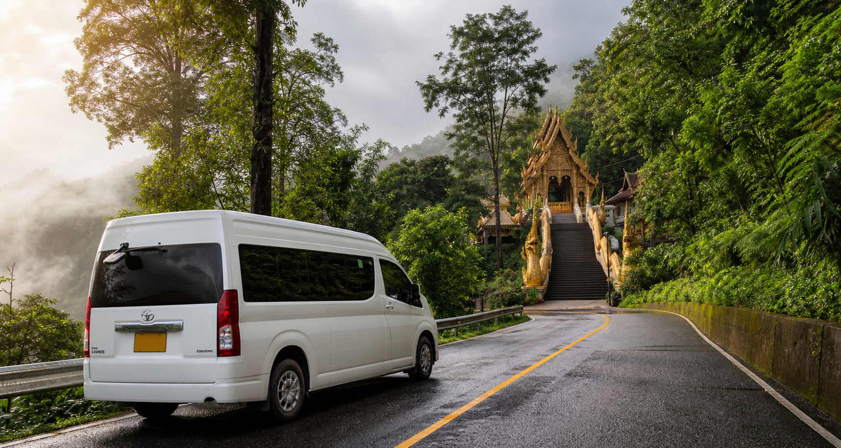 Chiang Mai rainy-season temple and mountain route by private van.