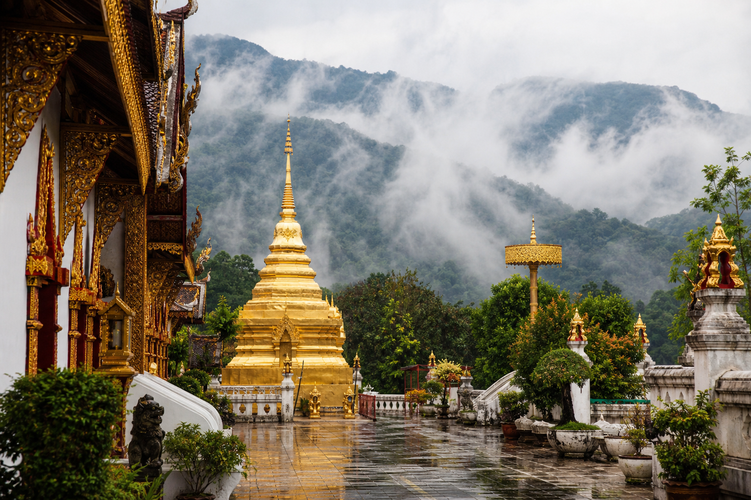 Chiang Mai temple courtyard after rain with mountain mist