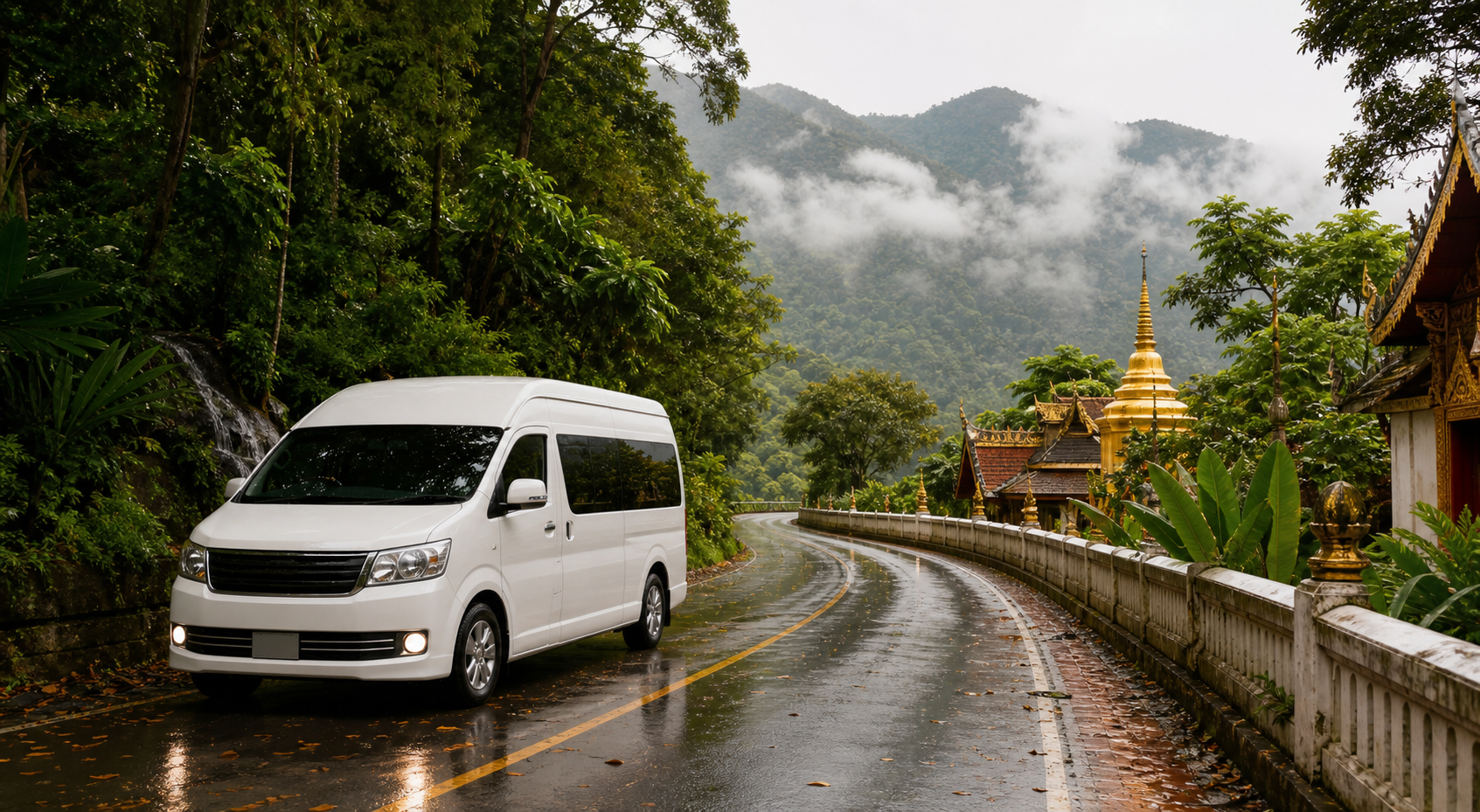 Chiang Mai rainy-season temple and mountain route by private van.