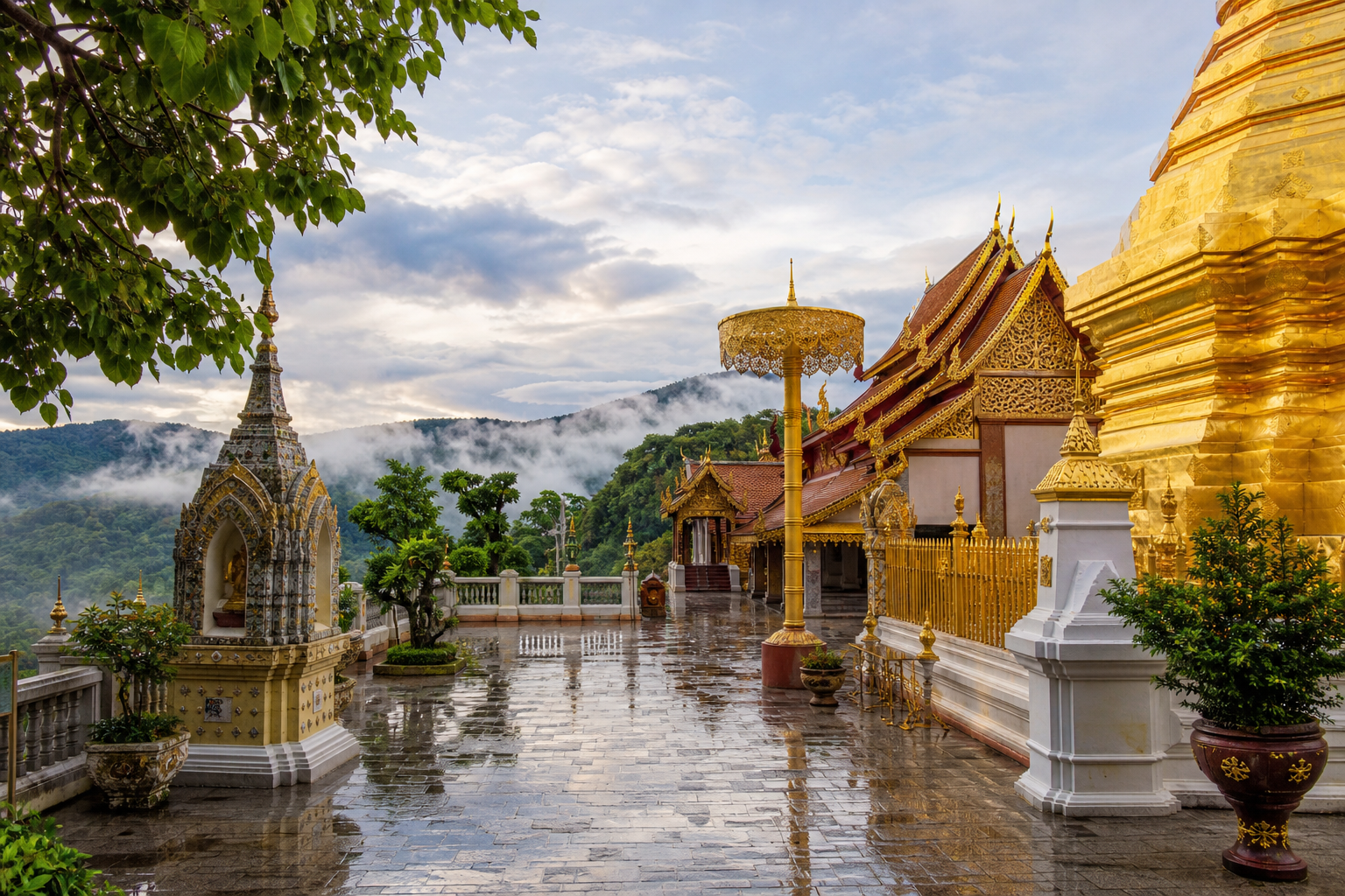 Chiang Mai temple courtyard after rain with mountain mist