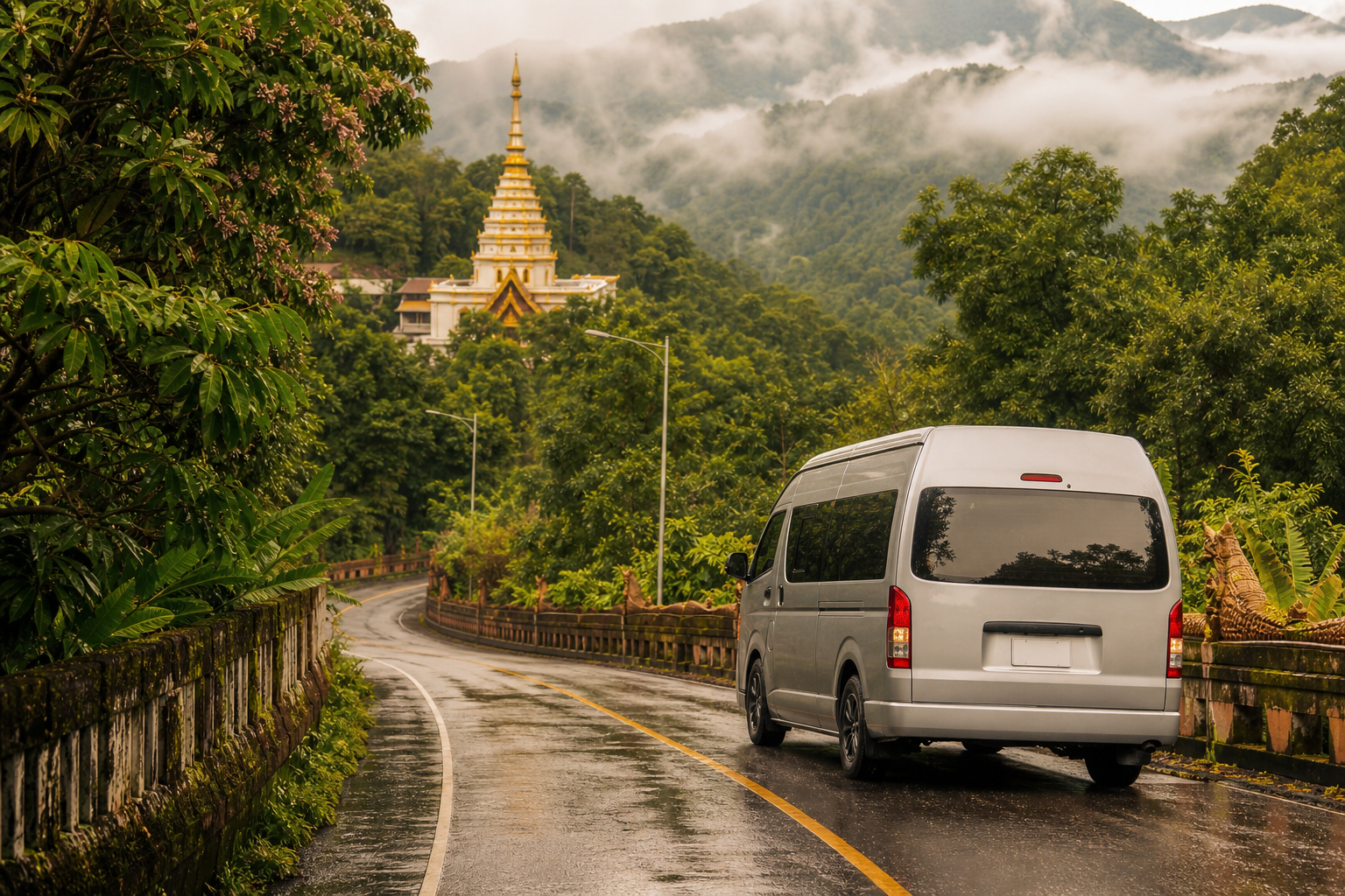Chiang Mai rainy-season temple and mountain route by private van.