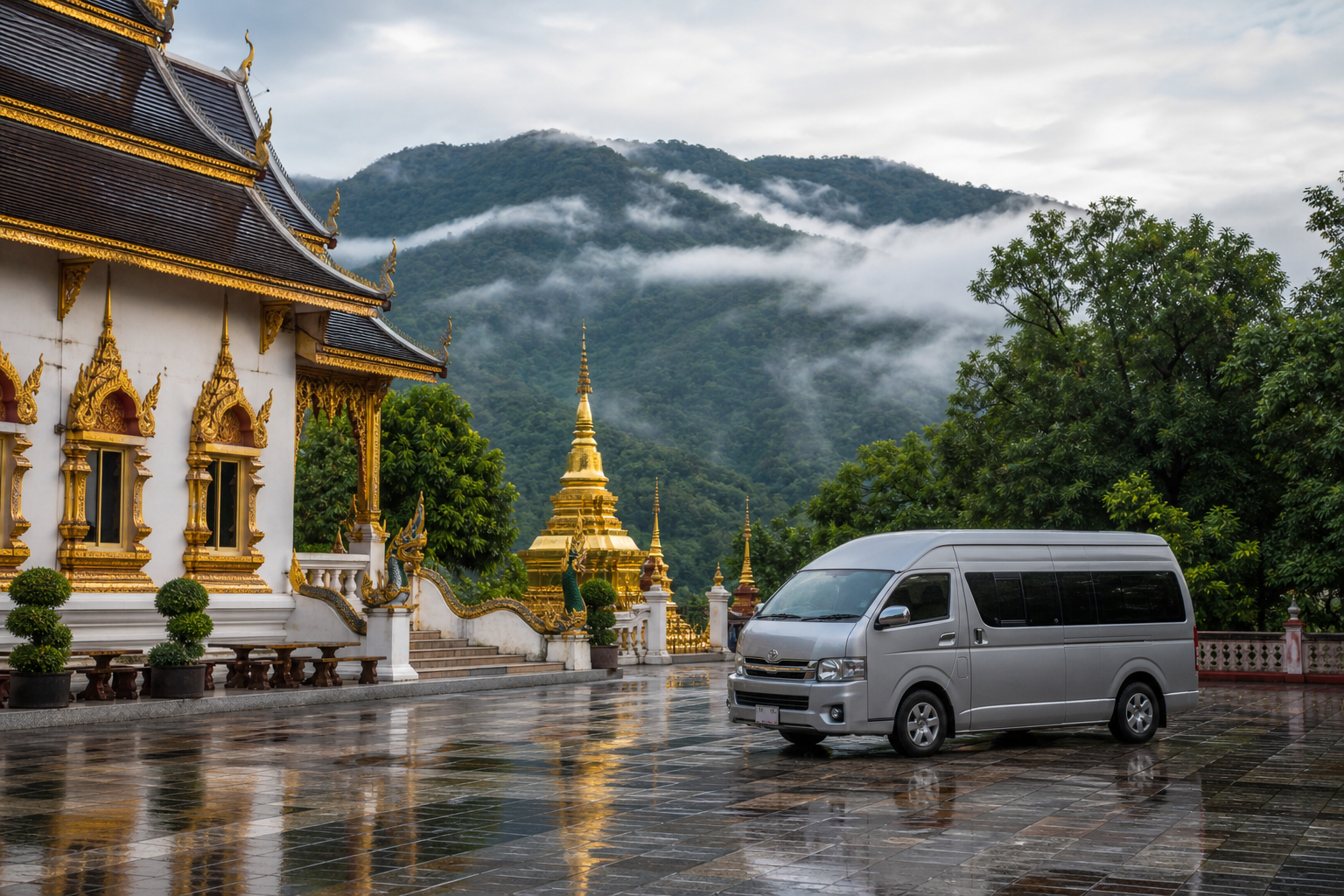 Chiang Mai temple courtyard after rain with mountain mist