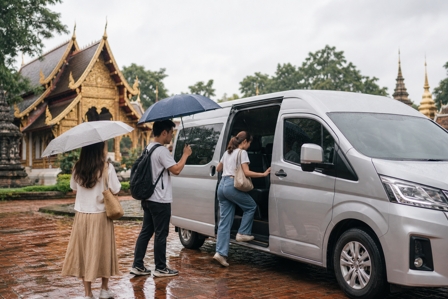 Travelers returning to a private van near Chiang Mai old city temples