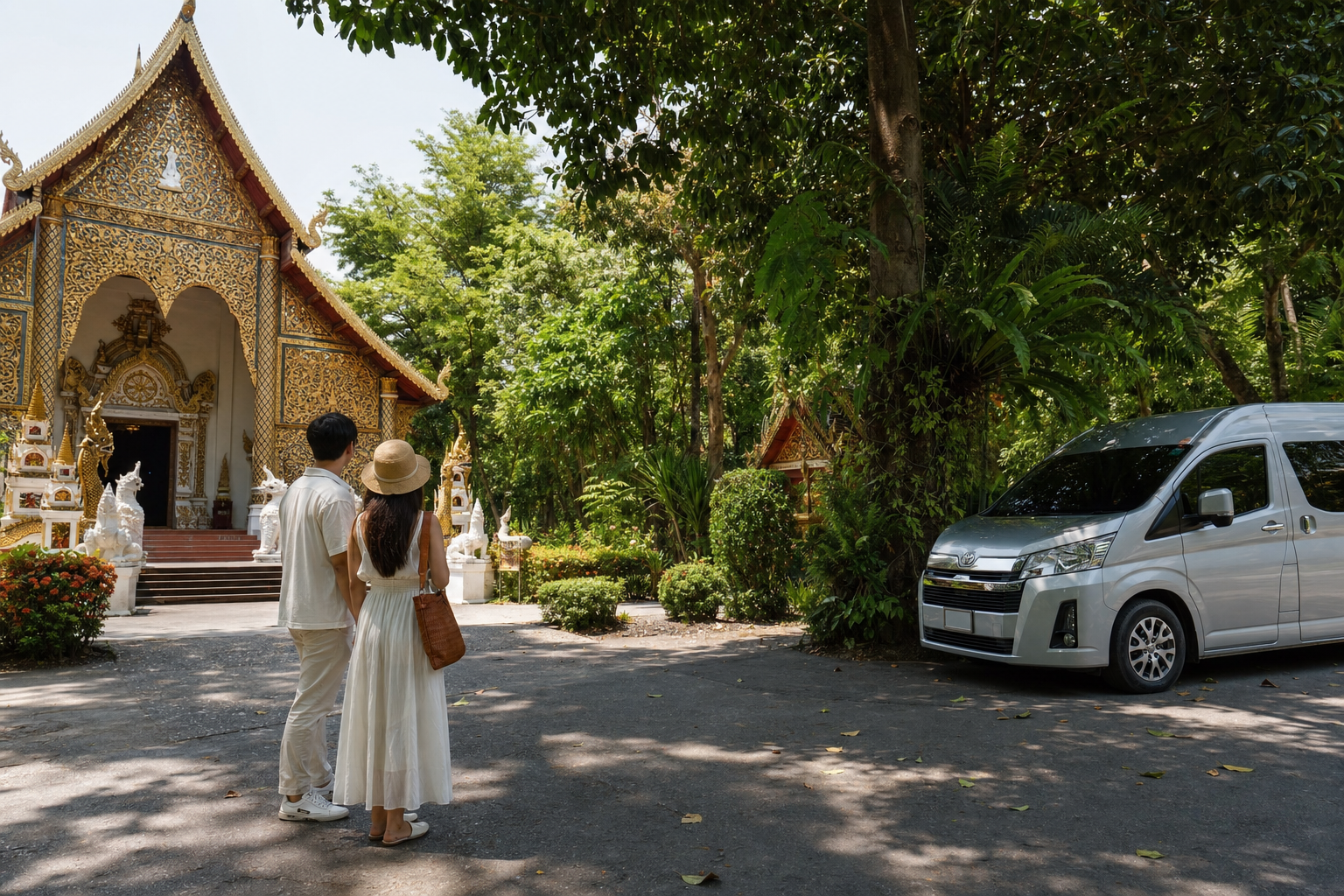 Calm Chiang Mai temple courtyard and garden stop with a private van waiting nearby