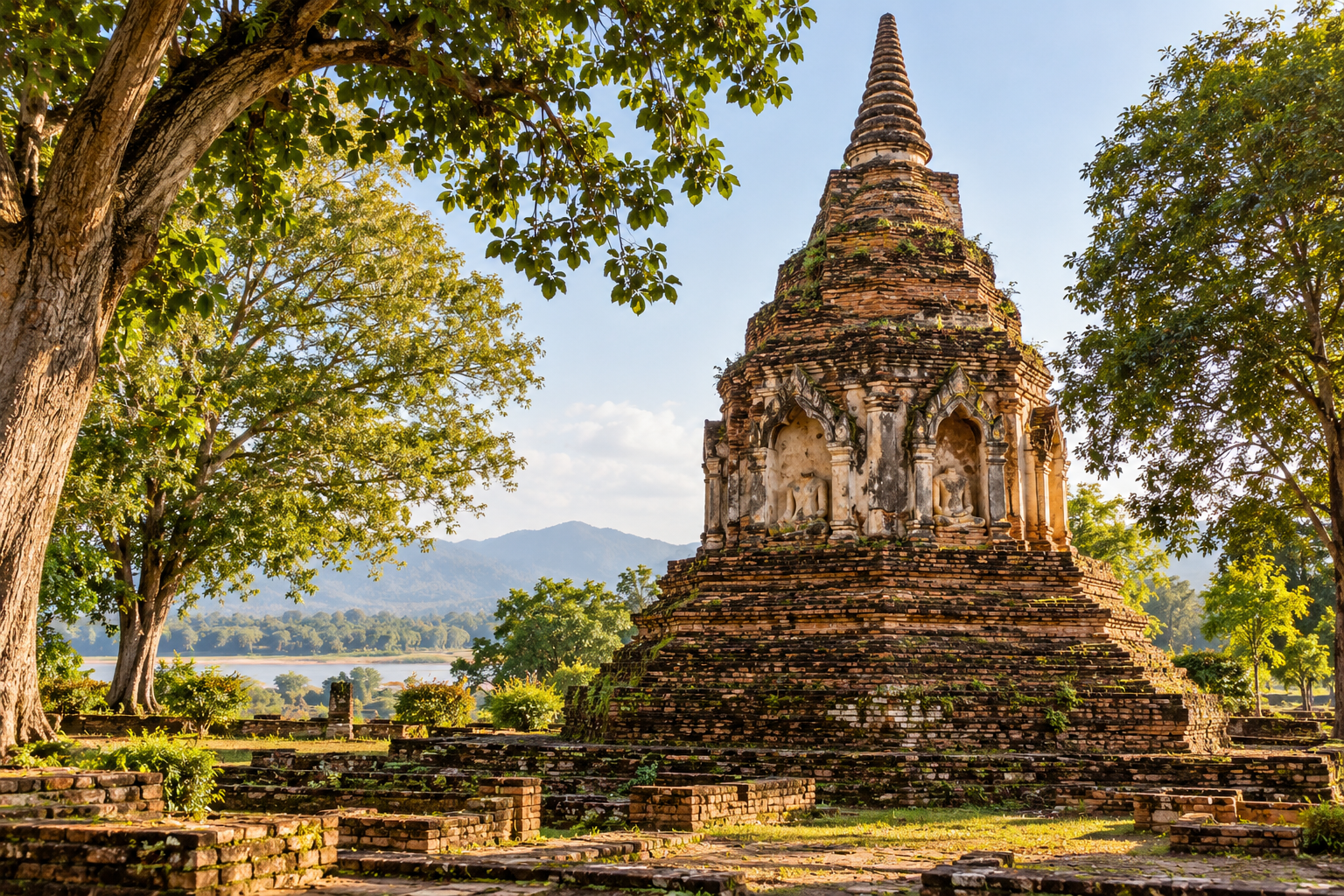 AI-generated illustration of northern Thai archaeological brick and stucco heritage