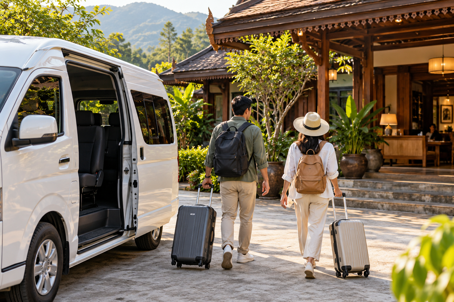 AI-generated illustration of travelers preparing a northern Thai hotel transfer