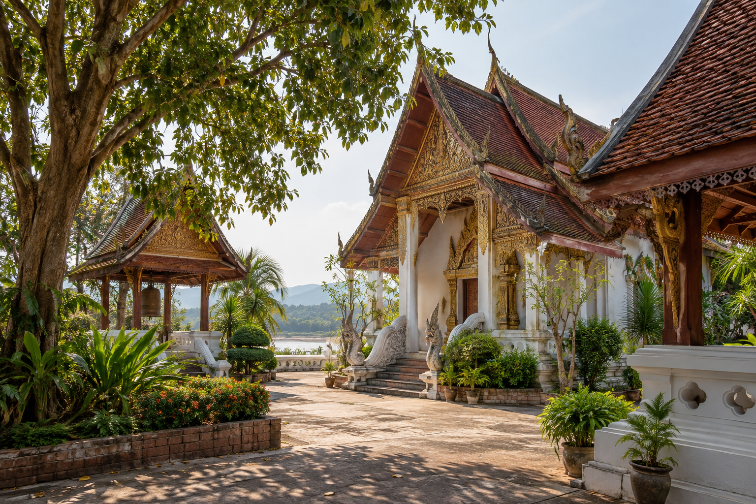 AI-generated illustration of a northeastern Thai temple courtyard