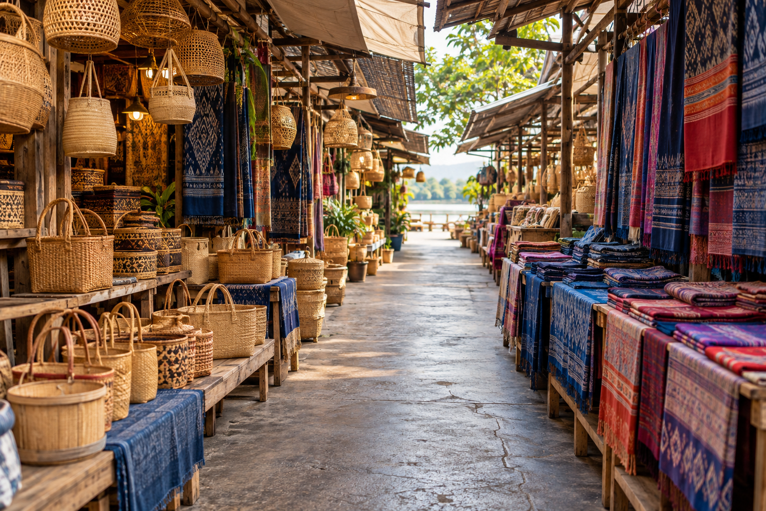 AI-generated illustration of a Nong Khai inspired covered market lane