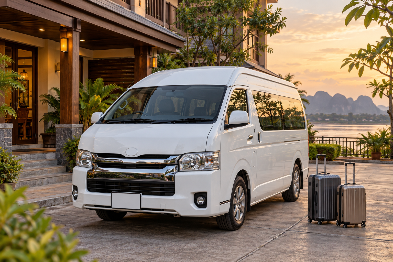 AI-generated illustration of a private van hotel arrival in northeastern Thailand