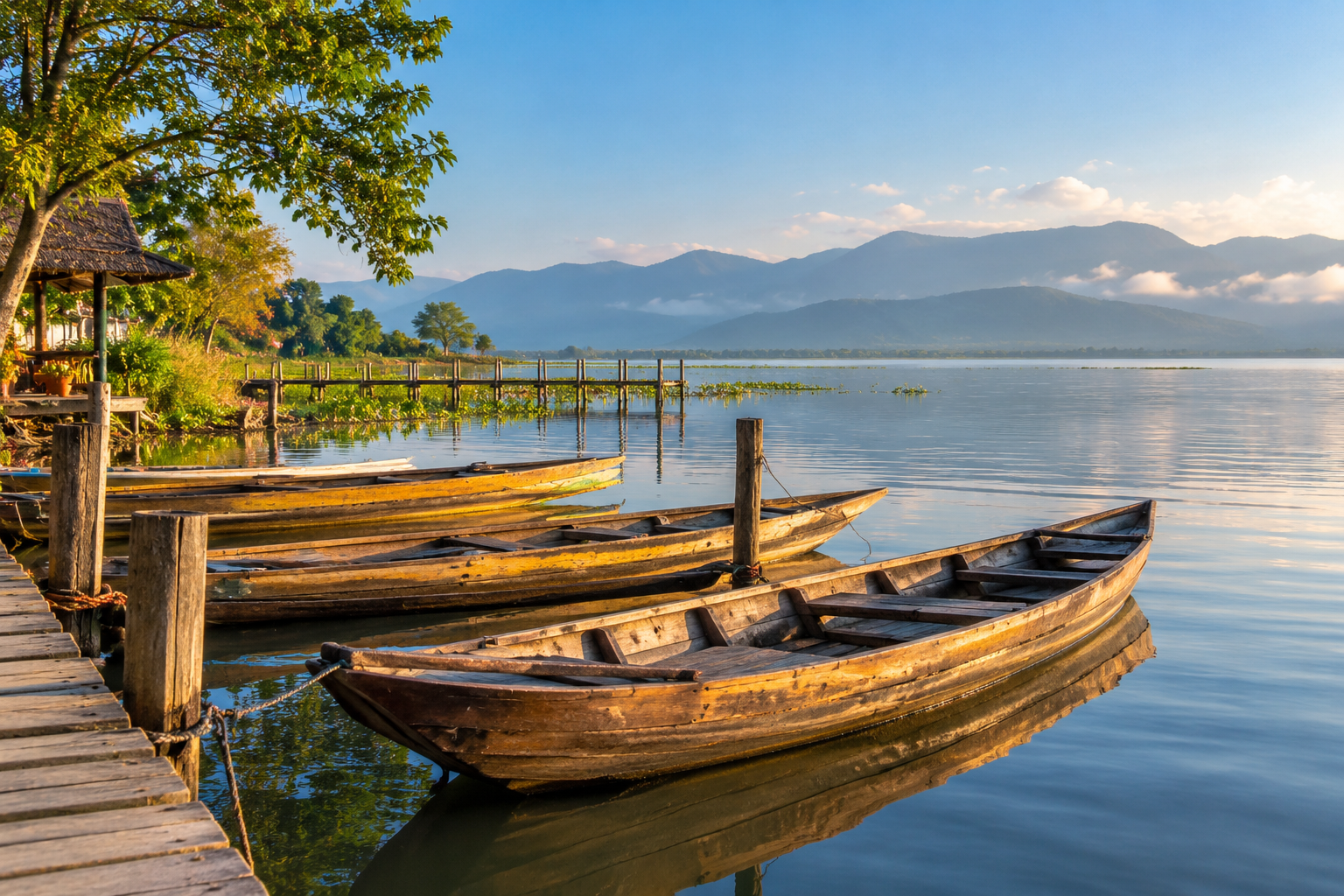 AI-generated illustration of moored rowing boats for optional lake excursion planning
