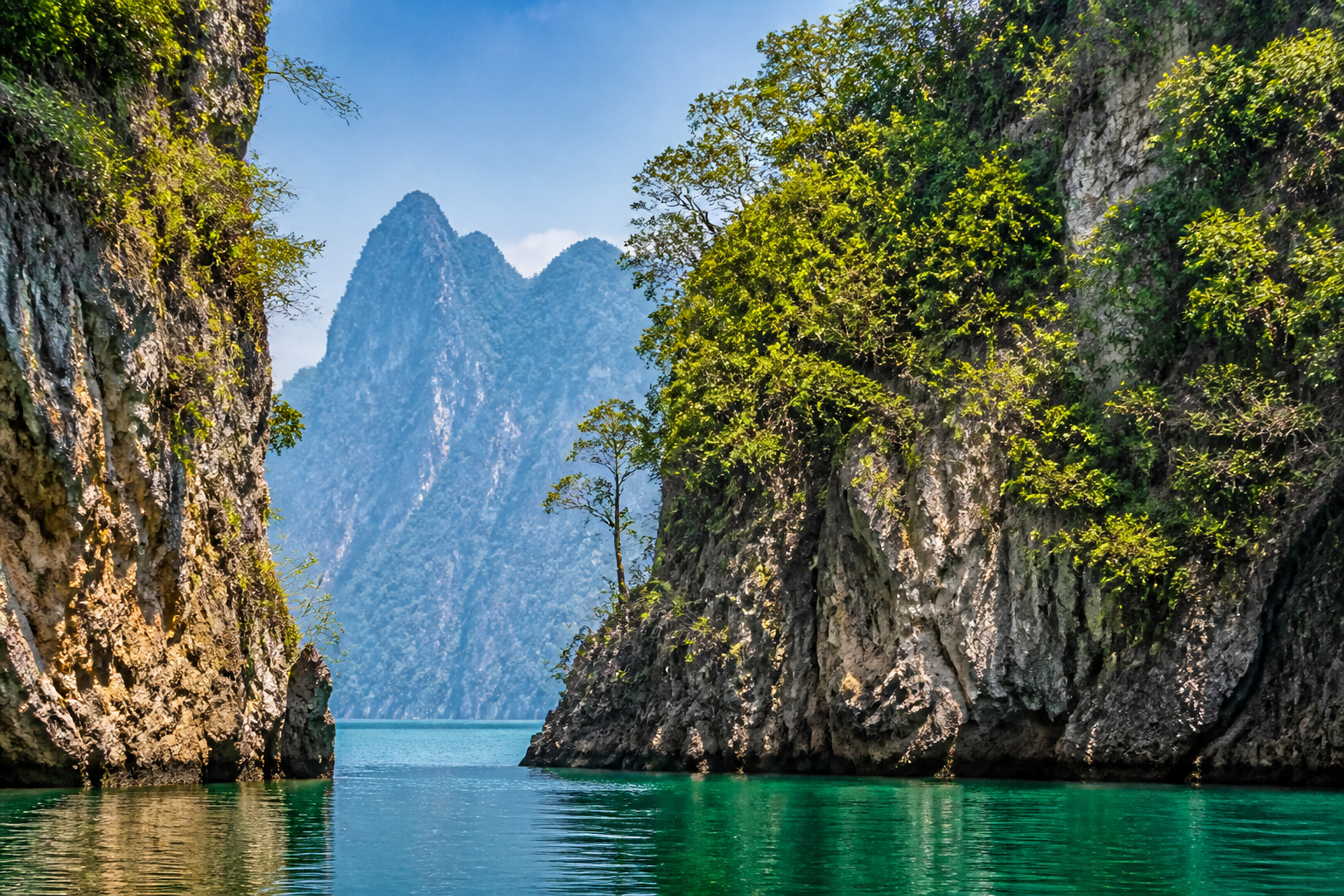 Cheow Lan Lake limestone cliffs and emerald water in Khao Sok