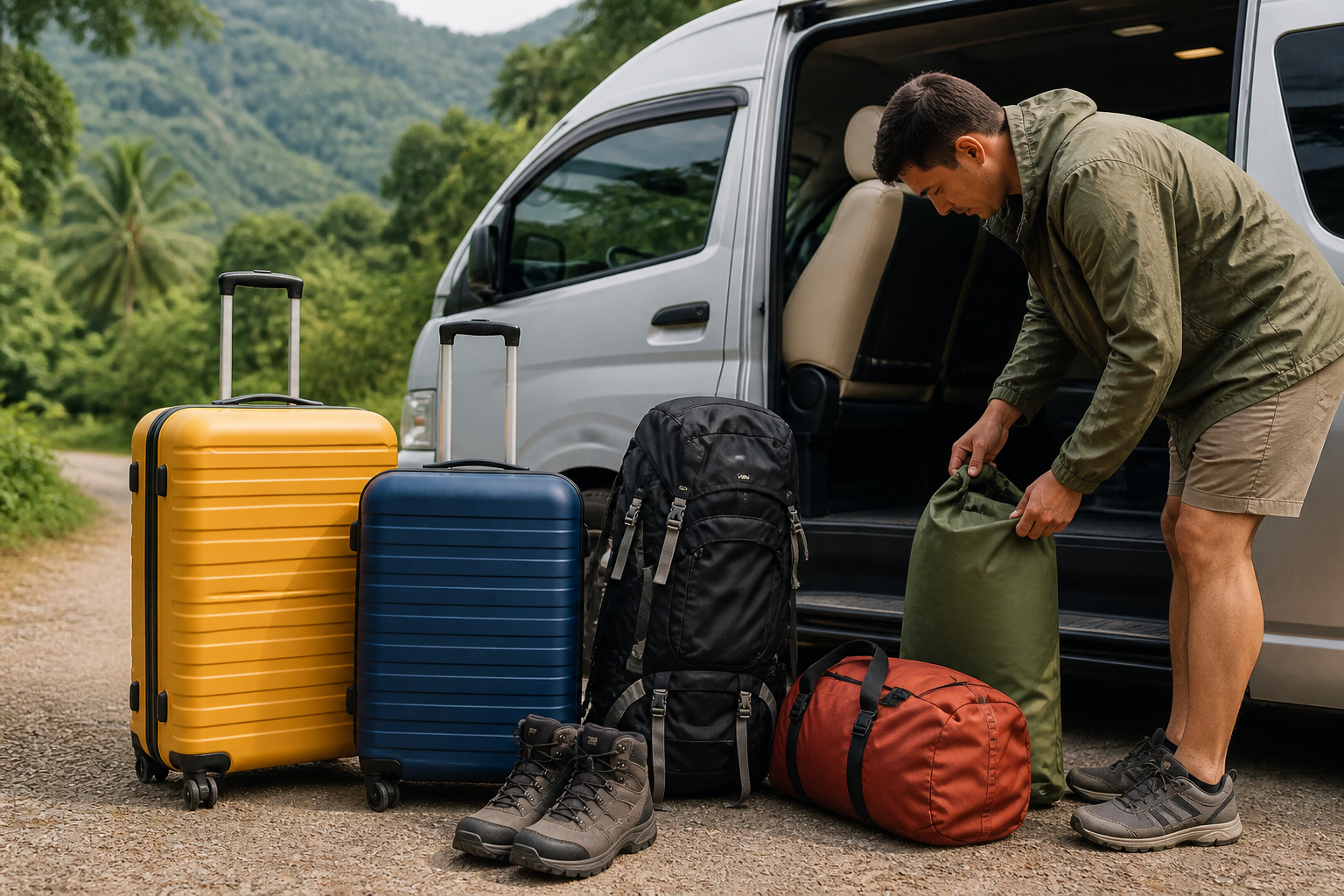 Luggage and rain gear beside a private van before a Khao Sok transfer