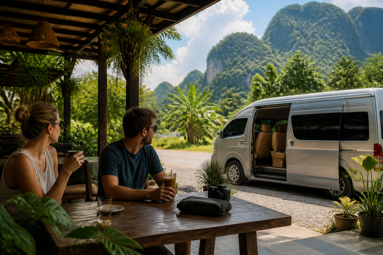 Covered cafe stop on a private van route from Phuket to Khao Sok